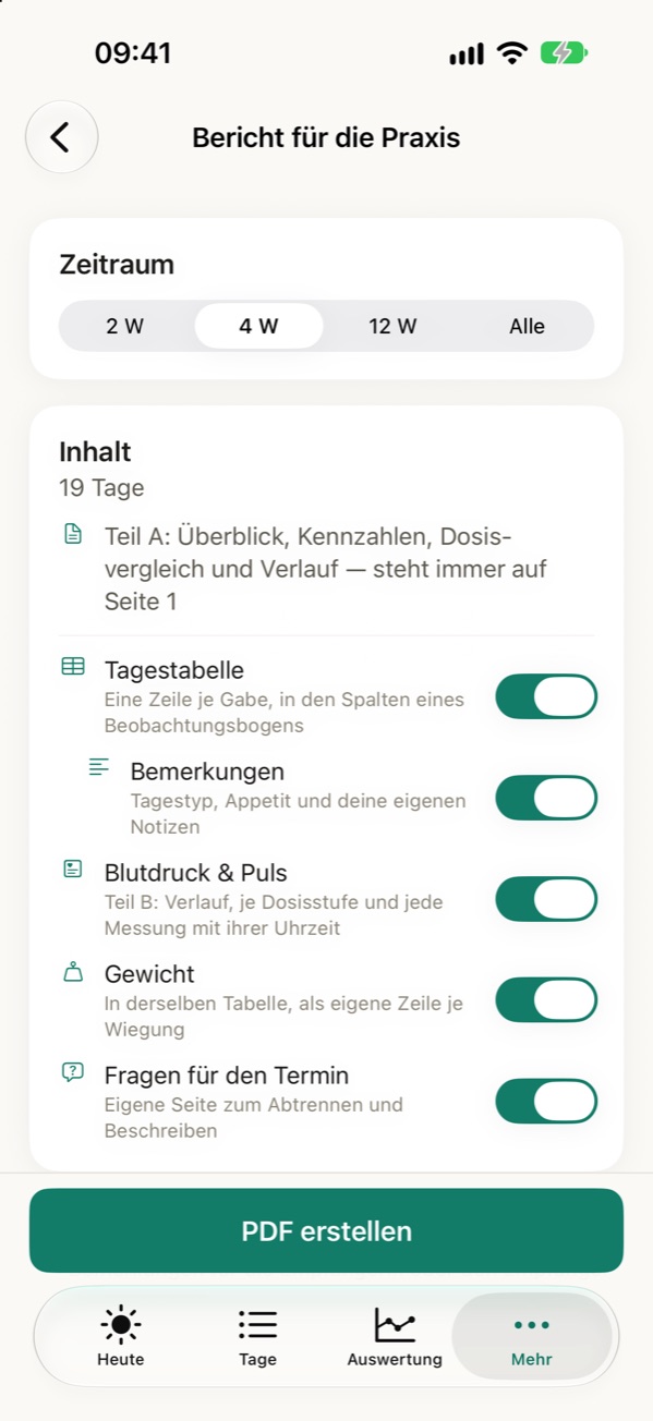 Bericht für die Praxis: Zeitraum und Inhalte wählen, dann PDF erstellen.