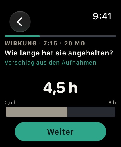 Uhr: Wie lange hat die Einnahme um 7:15 angehalten? 4,5 Stunden.